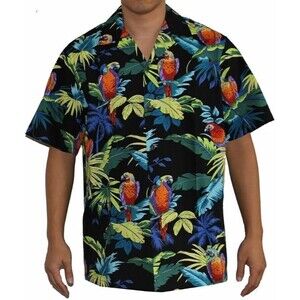 RJC Makapu’u Hawaiian Shirt Men's  XL  Black Parrot Cotton Made in Hawaii NWOT